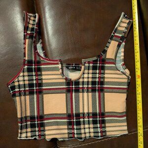 Cute Shein Plaid Notched Neckline Short Crop Tank Top Burberry Inspiration. Sz M
